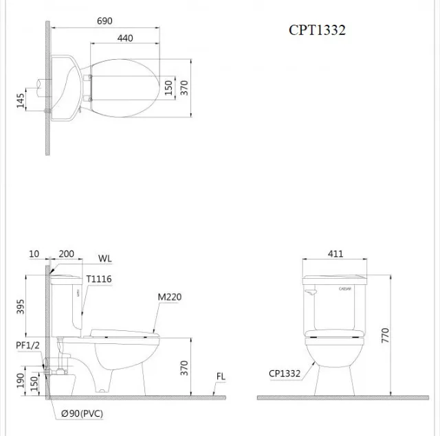 Bồn cầu thoát ngang Caesar CPT1332 – ảnh 2