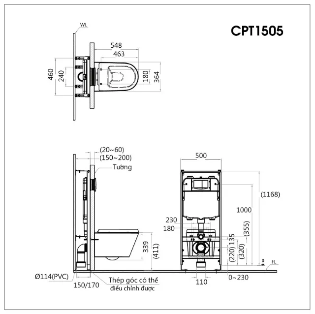 Bồn cầu thùng nước âm tường Caesar CPT1505 – ảnh 2